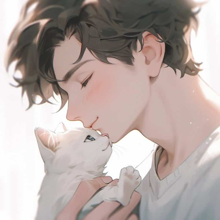 好看有爱的动漫情头一男一女都抱着猫 AI绘画抱宠物猫清爽男女情侣头像_16