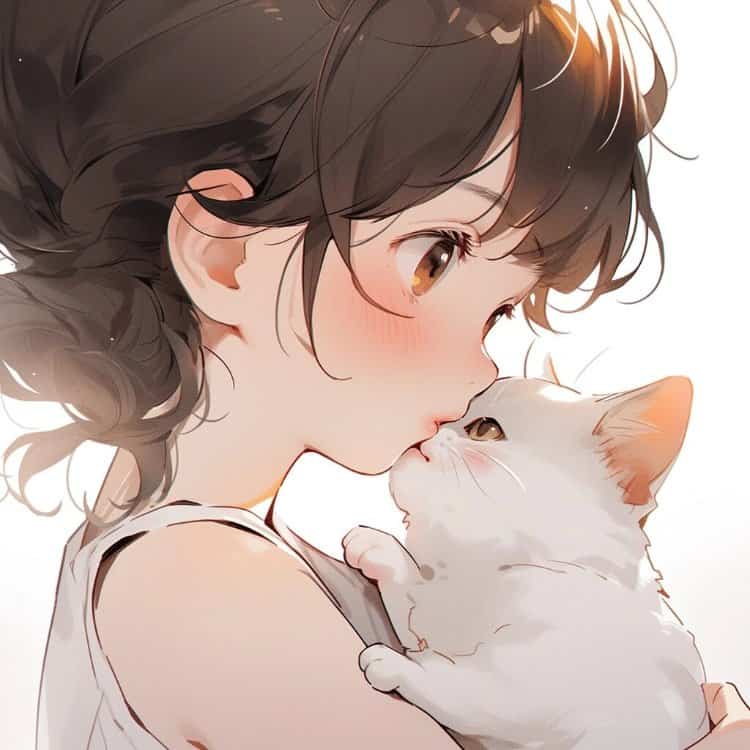 好看有爱的动漫情头一男一女都抱着猫 AI绘画抱宠物猫清爽男女情侣头像_17