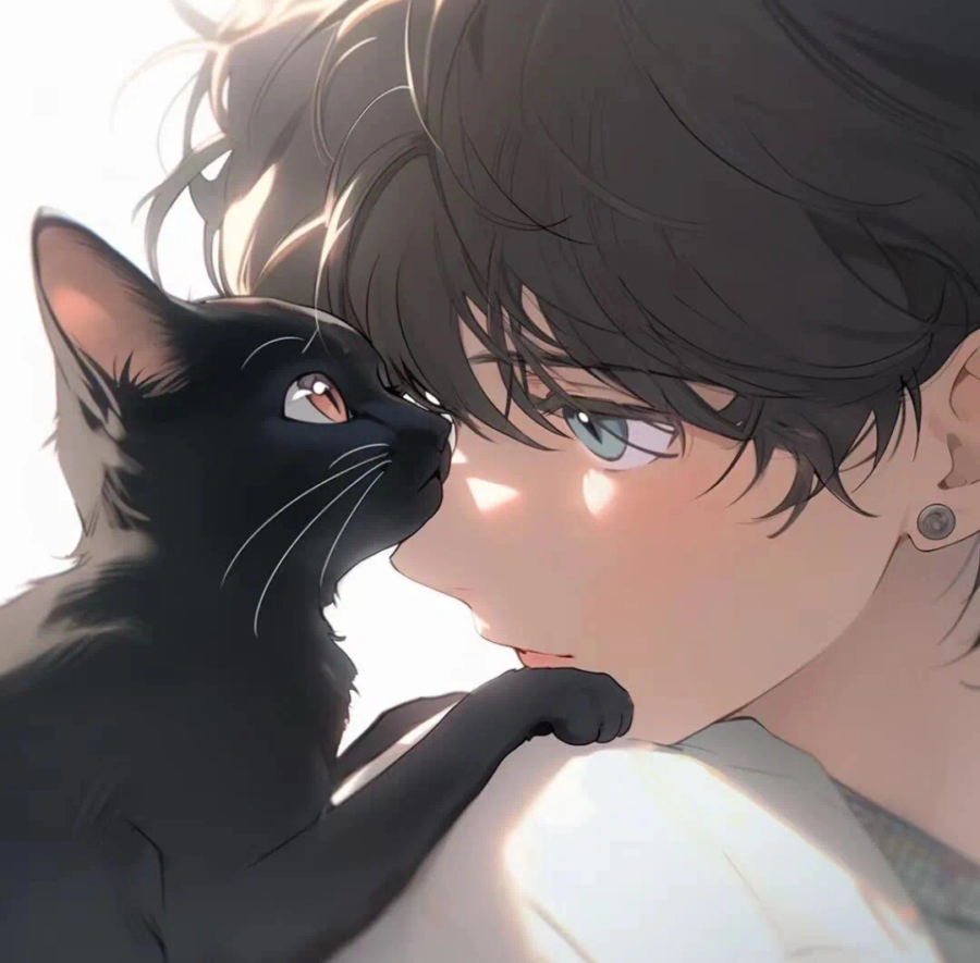 好看有爱的动漫情头一男一女都抱着猫 AI绘画抱宠物猫清爽男女情侣头像_20
