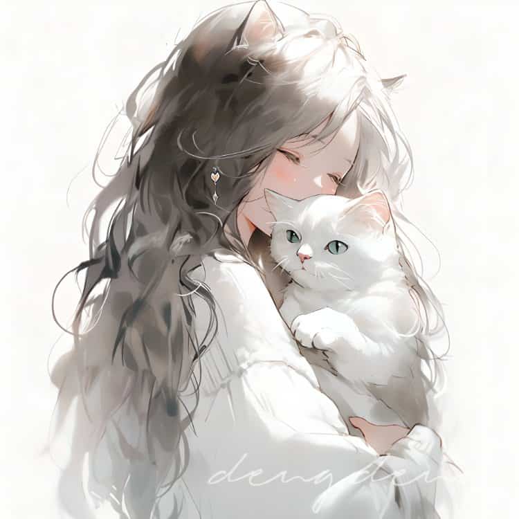 好看有爱的动漫情头一男一女都抱着猫 AI绘画抱宠物猫清爽男女情侣头像_9