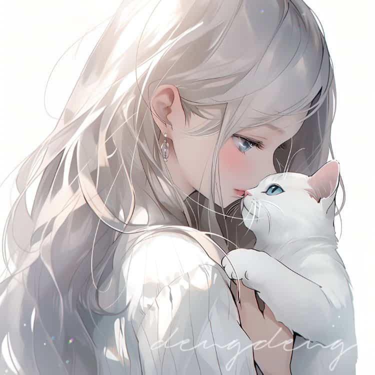 好看有爱的动漫情头一男一女都抱着猫 AI绘画抱宠物猫清爽男女情侣头像_7