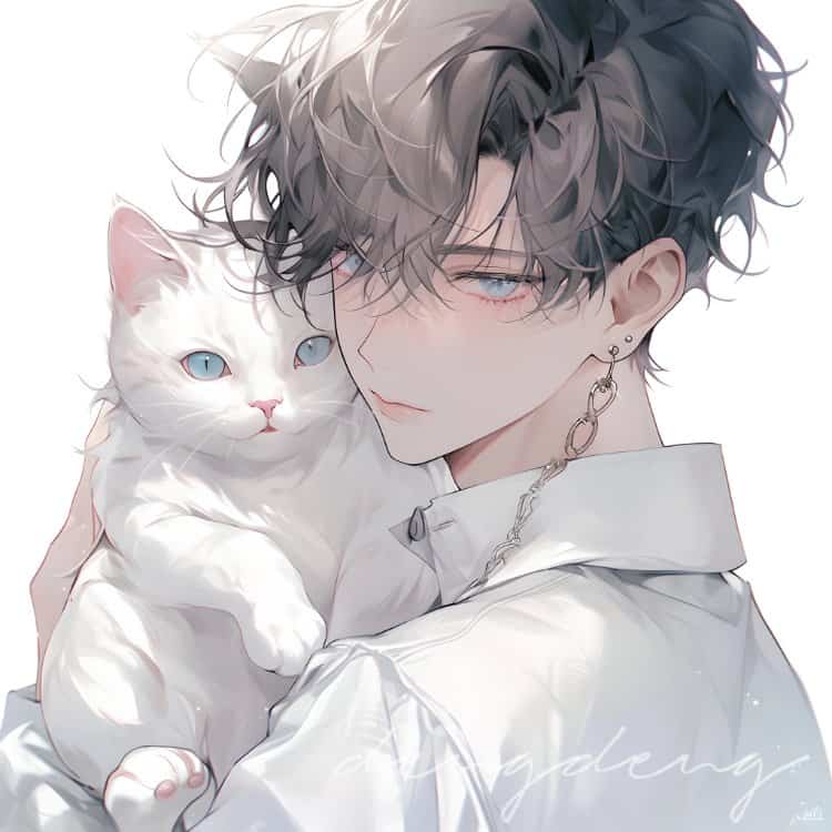 好看有爱的动漫情头一男一女都抱着猫 AI绘画抱宠物猫清爽男女情侣头像_10