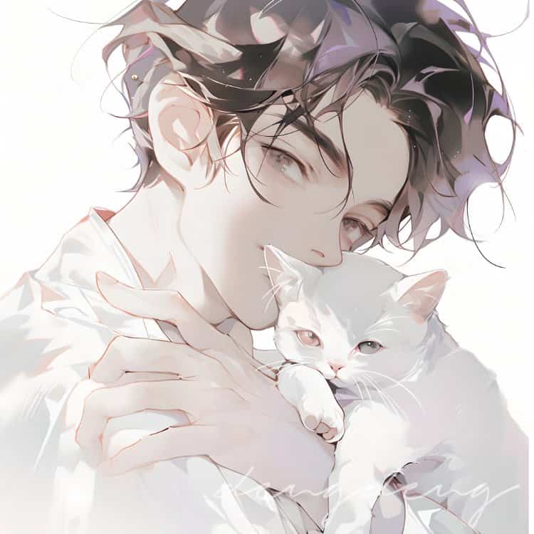 好看有爱的动漫情头一男一女都抱着猫 AI绘画抱宠物猫清爽男女情侣头像_8