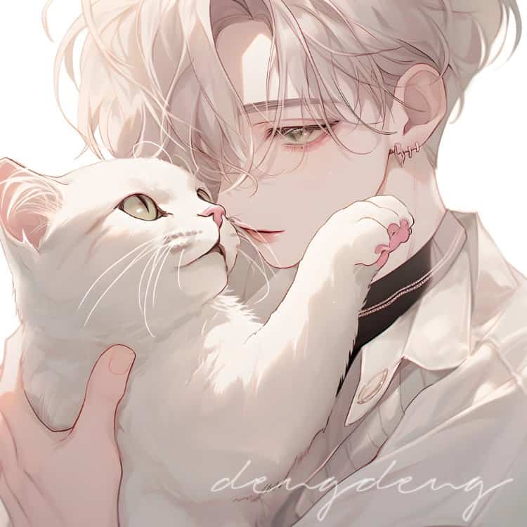 好看有爱的动漫情头一男一女都抱着猫 AI绘画抱宠物猫清爽男女情侣头像_6