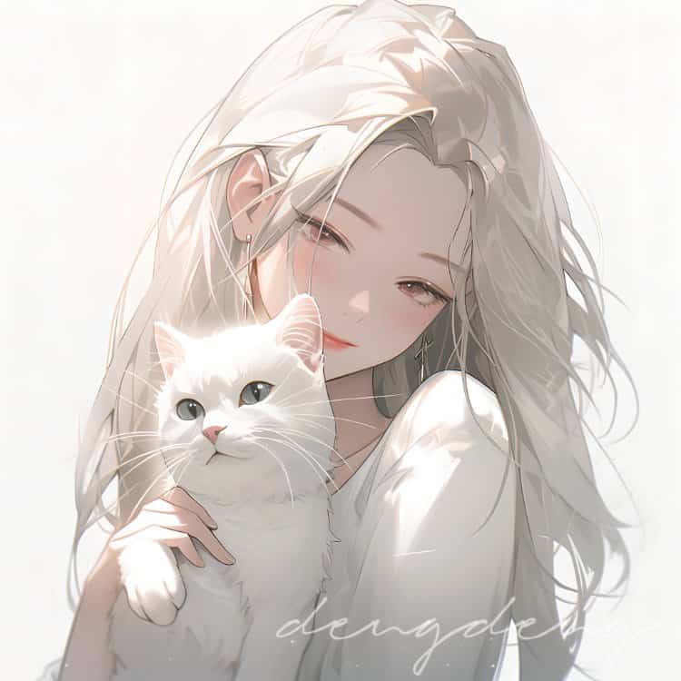 好看有爱的动漫情头一男一女都抱着猫 AI绘画抱宠物猫清爽男女情侣头像_5