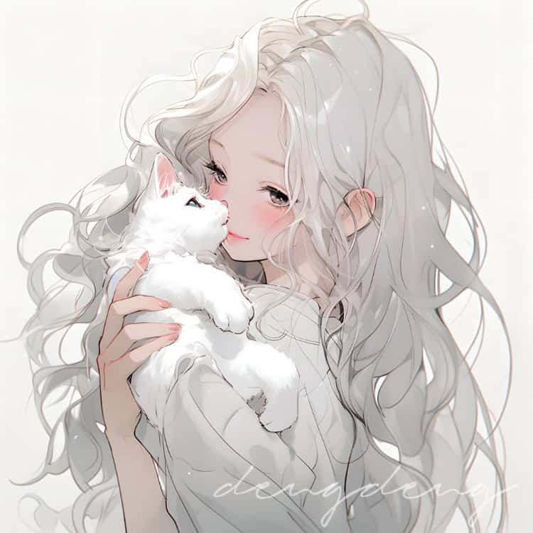 好看有爱的动漫情头一男一女都抱着猫 AI绘画抱宠物猫清爽男女情侣头像_3