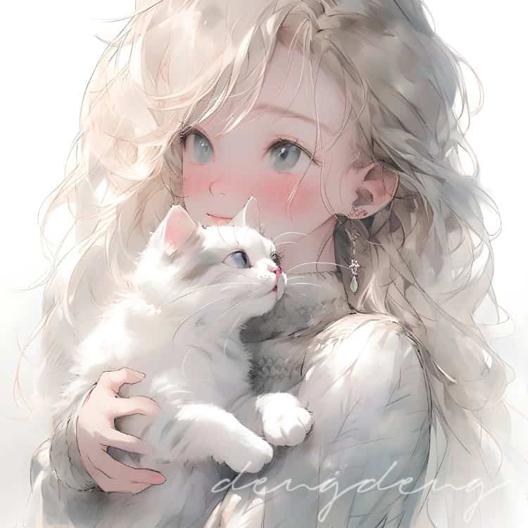 好看有爱的动漫情头一男一女都抱着猫 AI绘画抱宠物猫清爽男女情侣头像_1