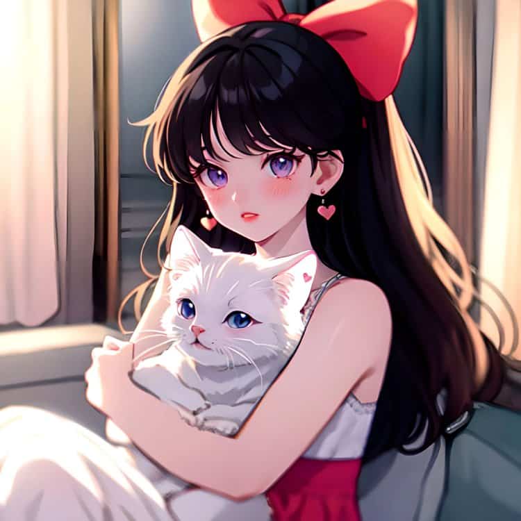 旧漫黑色长发女孩戴红色蝴蝶结抱着白色猫咪高清微信头像 AI绘画美女头像图_1