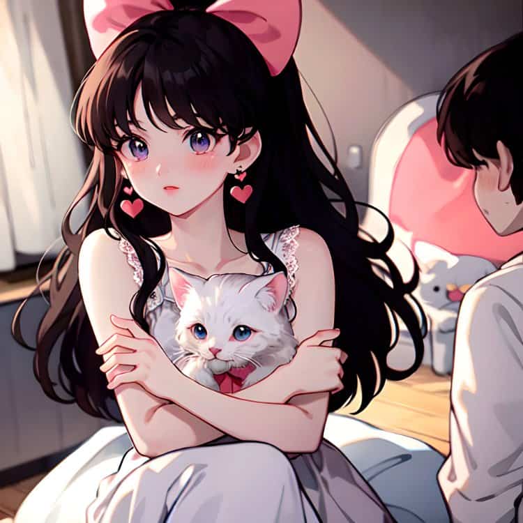 旧漫黑色长发女孩戴红色蝴蝶结抱着白色猫咪高清微信头像 AI绘画美女头像图_3