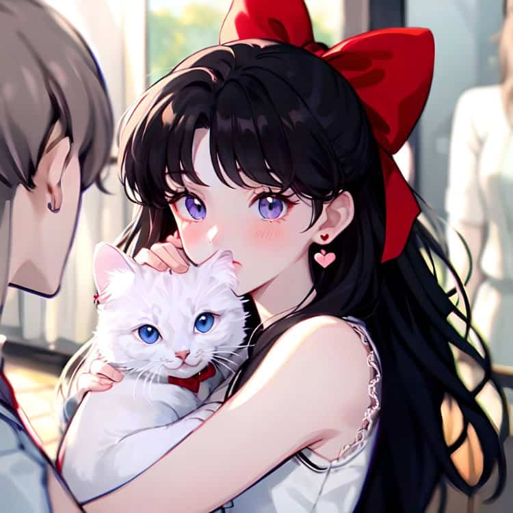 旧漫黑色长发女孩戴红色蝴蝶结抱着白色猫咪高清微信头像 AI绘画美女头像图_4
