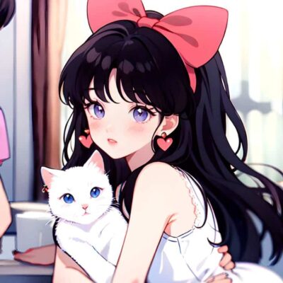 旧漫黑色长发女孩戴红色蝴蝶结抱着白色猫咪高清微信头像 AI绘画美女头像图