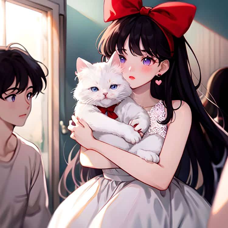 旧漫黑色长发女孩戴红色蝴蝶结抱着白色猫咪高清微信头像 AI绘画美女头像图_7