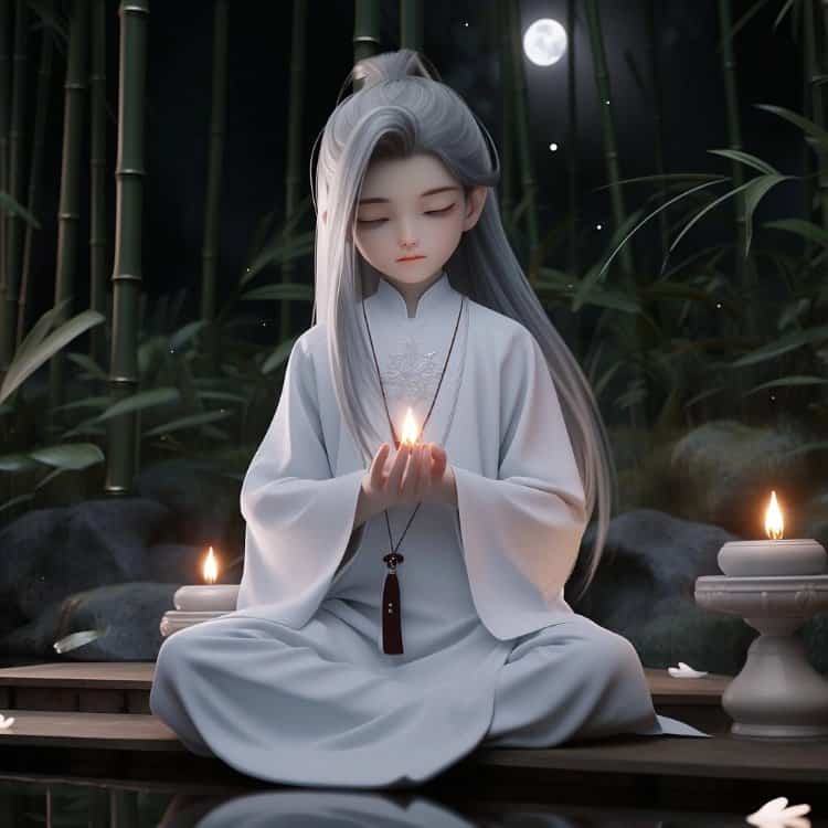 AI绘画古风佛系道系古装白衣男生头像 男生双手合十打坐修行动漫微信头像图_1