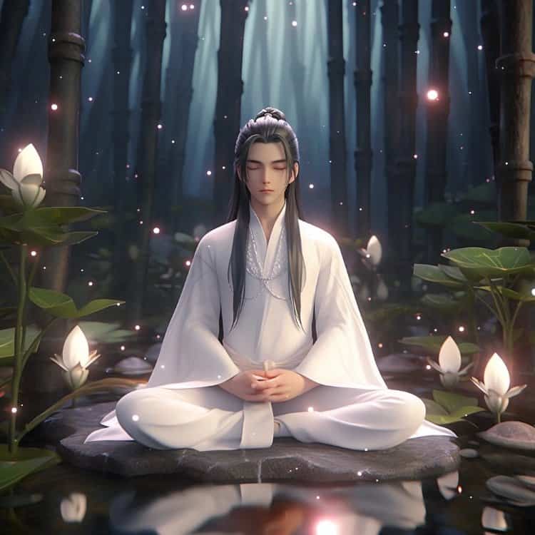 AI绘画古风佛系道系古装白衣男生头像 男生双手合十打坐修行动漫微信头像图_2
