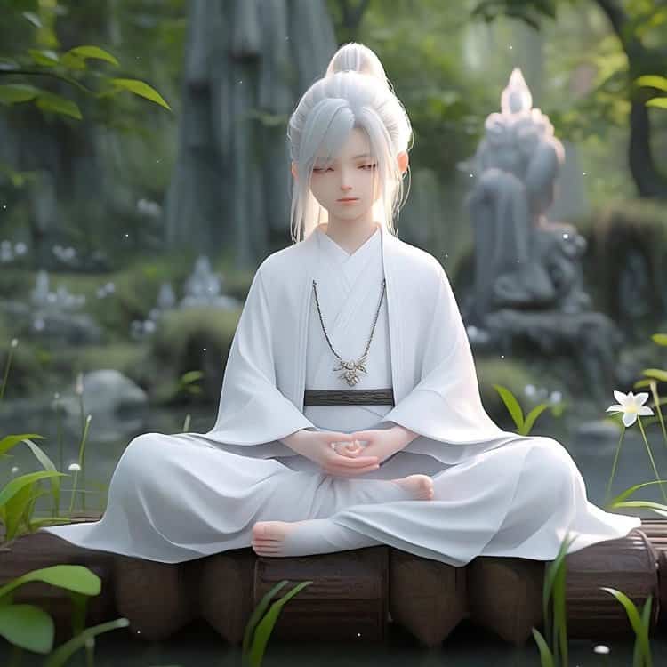 AI绘画古风佛系道系古装白衣男生头像 男生双手合十打坐修行动漫微信头像图_3