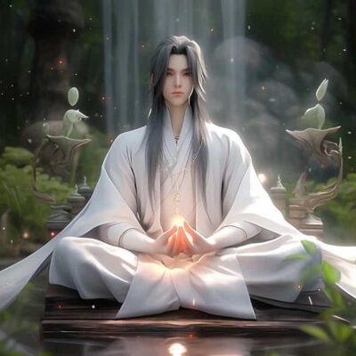 AI绘画古风佛系道系古装白衣男生头像 男生双手合十打坐修行动漫微信头像图