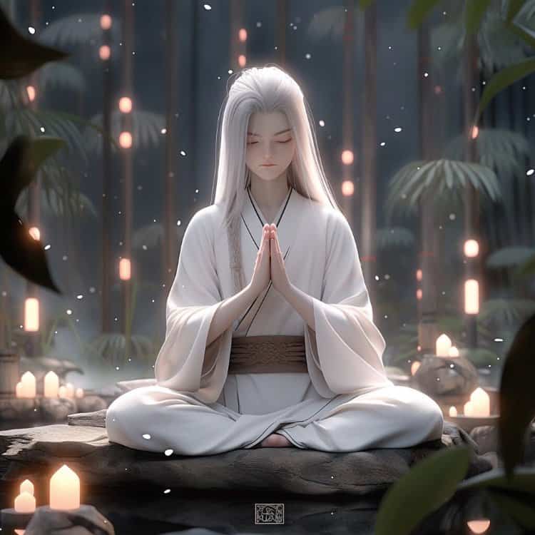 AI绘画古风佛系道系古装白衣男生头像 男生双手合十打坐修行动漫微信头像图_6