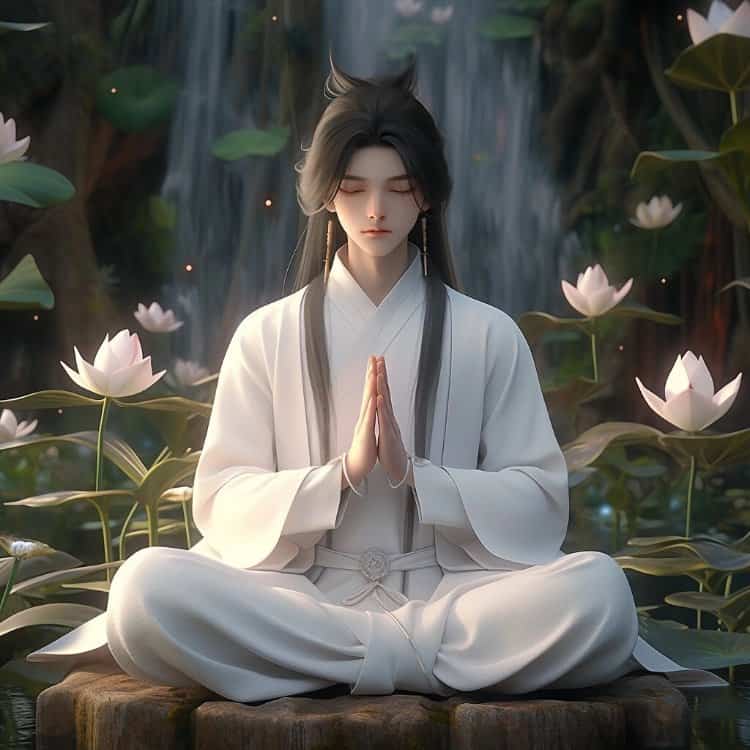 AI绘画古风佛系道系古装白衣男生头像 男生双手合十打坐修行动漫微信头像图_12