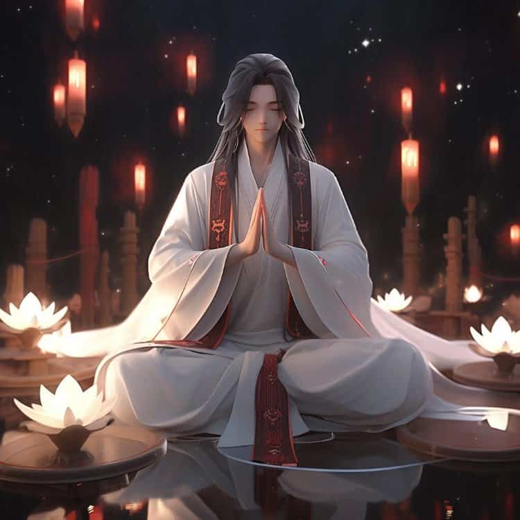 AI绘画古风佛系道系古装白衣男生头像 男生双手合十打坐修行动漫微信头像图_14