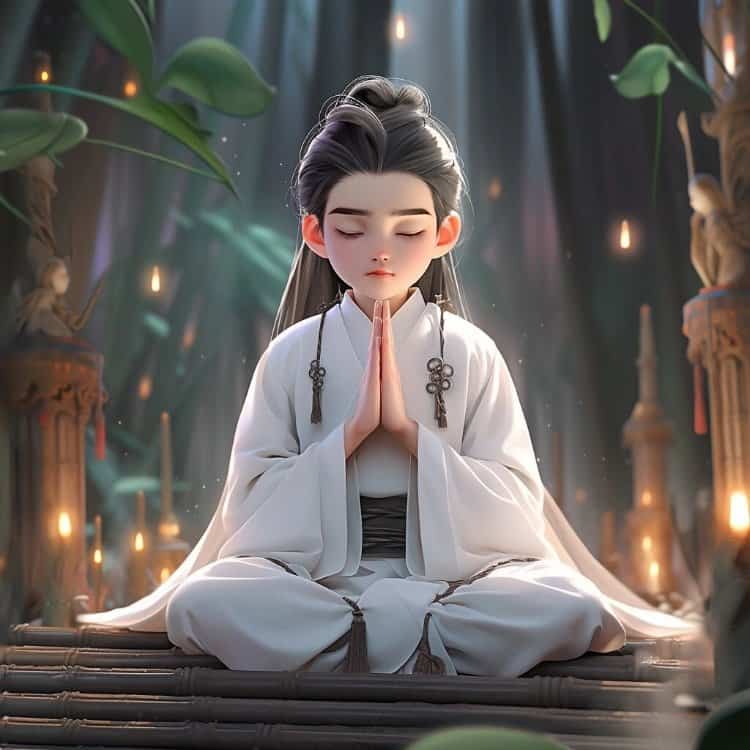 AI绘画古风佛系道系古装白衣男生头像 男生双手合十打坐修行动漫微信头像图_15
