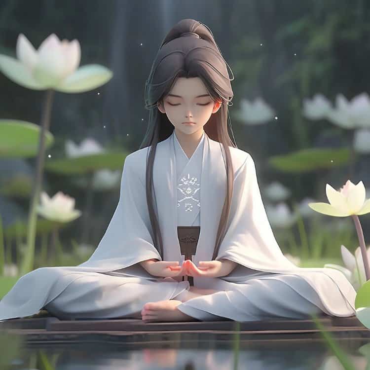 古装白衣男生在莲花旁打坐微信头像 清冷感国漫风AI古风优质男生头像_5