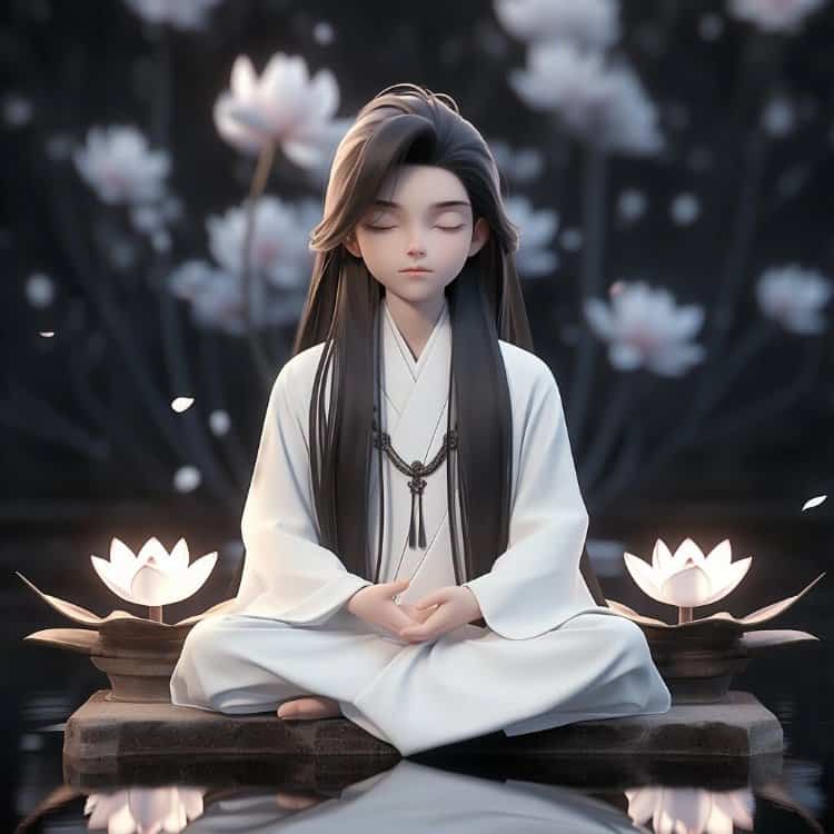 古装白衣男生在莲花旁打坐微信头像 清冷感国漫风AI古风优质男生头像_8