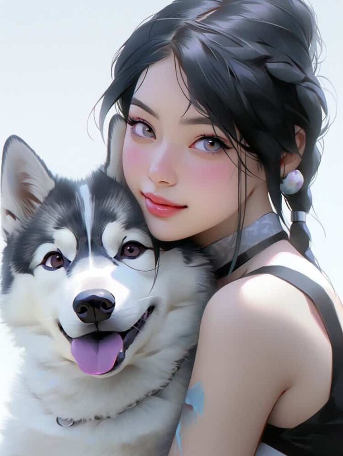 小女孩和大狗哈士奇拥抱的动漫头像 AI女孩和二哈好有爱的微信头像_5