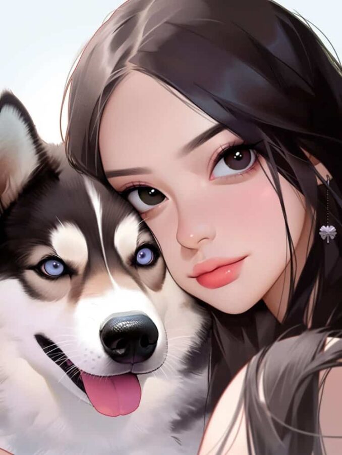小女孩和大狗哈士奇拥抱的动漫头像 AI女孩和二哈好有爱的微信头像_7