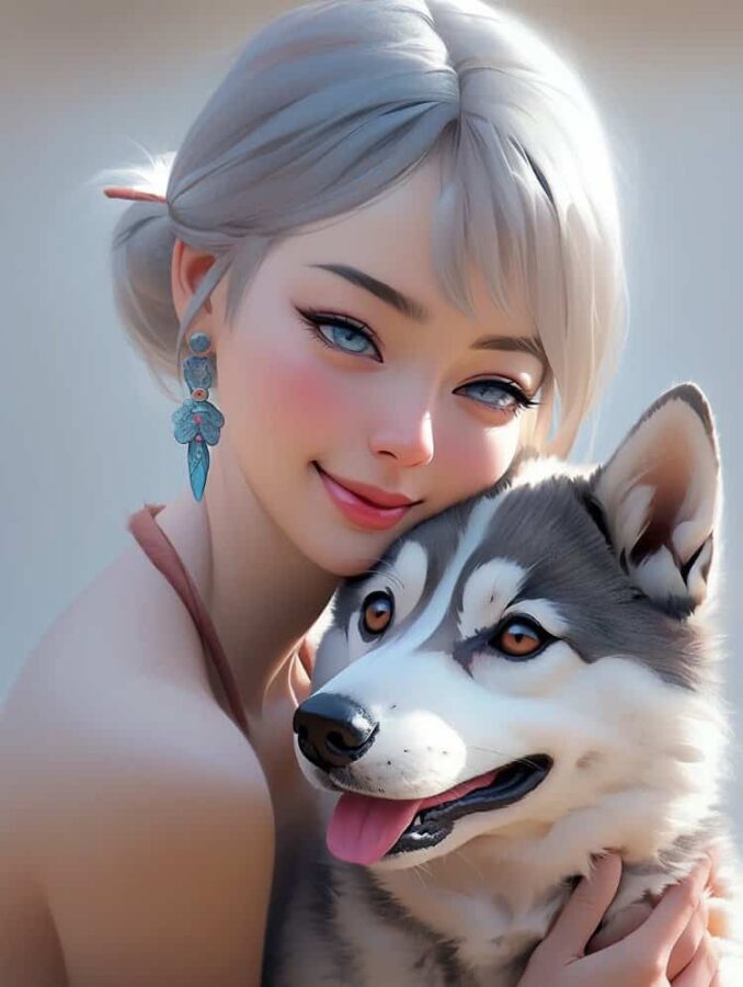 小女孩和大狗哈士奇拥抱的动漫头像 AI女孩和二哈好有爱的微信头像_8