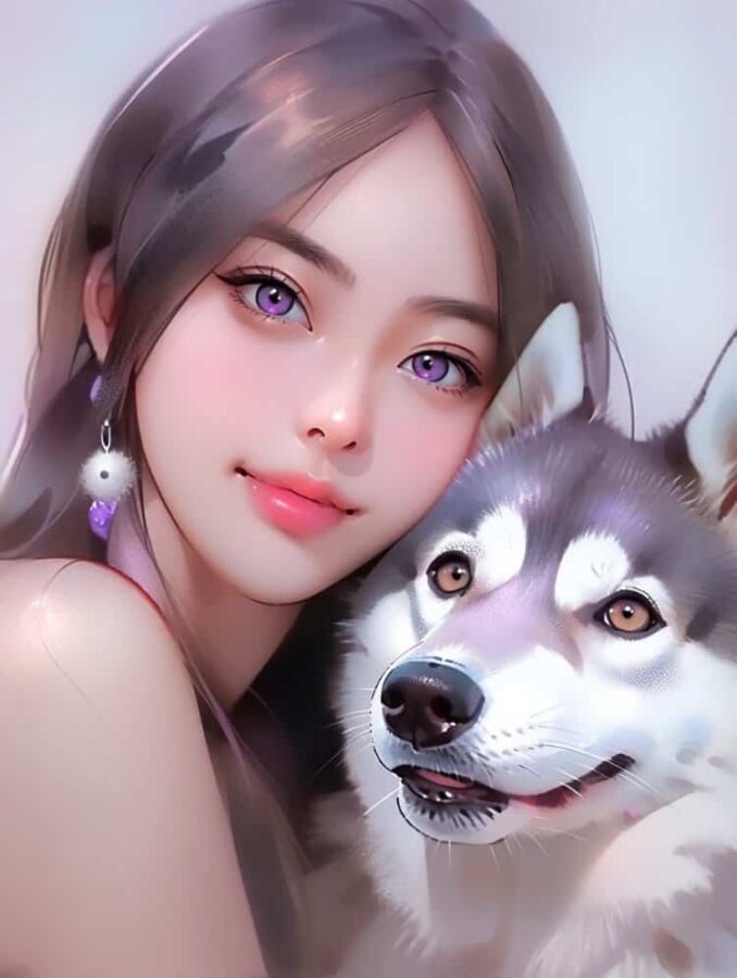 小女孩和大狗哈士奇拥抱的动漫头像 AI女孩和二哈好有爱的微信头像_9