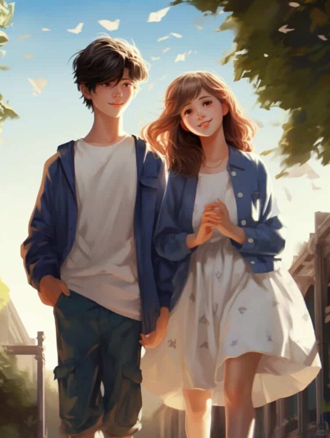 AI绘画油画风清纯校园情侣头像 蓝天白云男女生朋友散步不会撞的情头_1