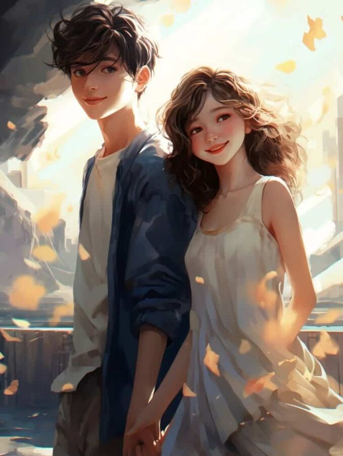AI绘画油画风清纯校园情侣头像 蓝天白云男女生朋友散步不会撞的情头_2