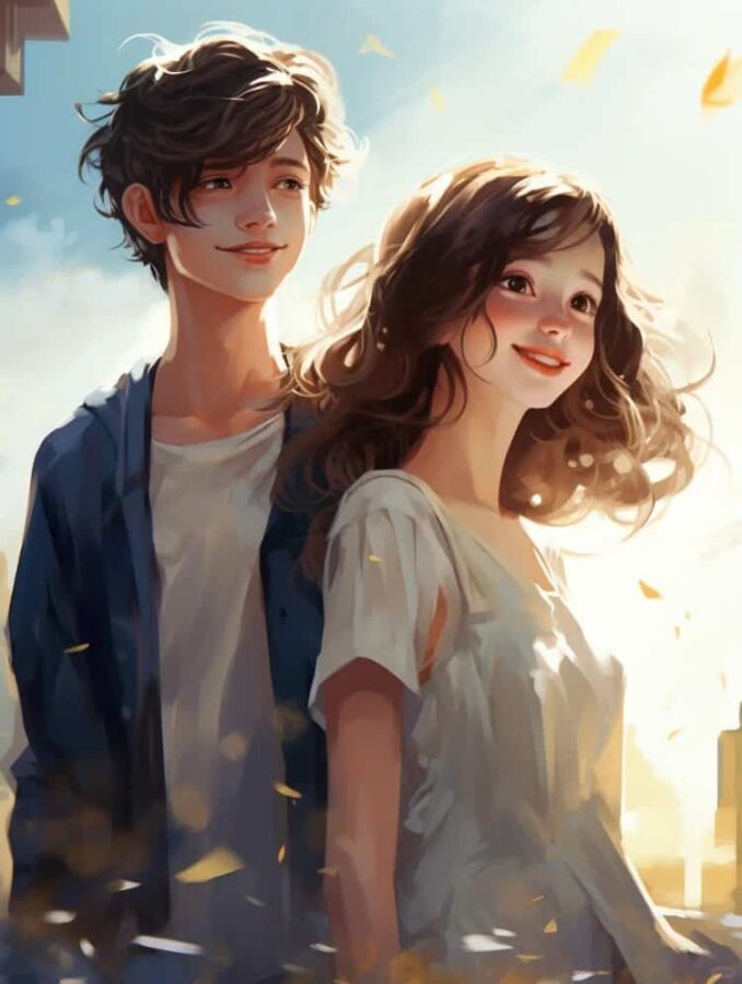 AI绘画油画风清纯校园情侣头像 蓝天白云男女生朋友散步不会撞的情头_3