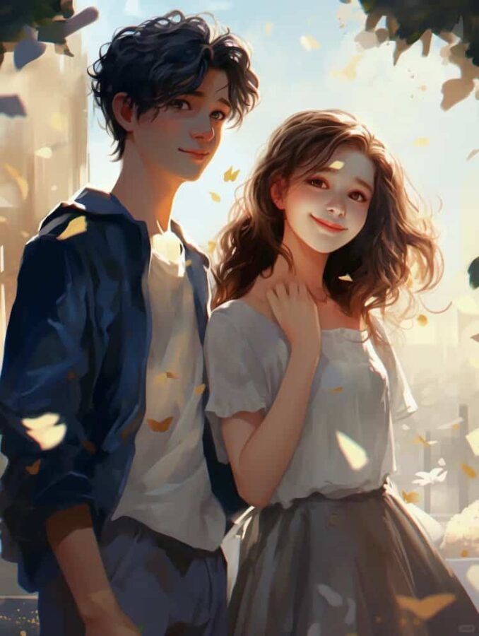 AI绘画油画风清纯校园情侣头像 蓝天白云男女生朋友散步不会撞的情头_4