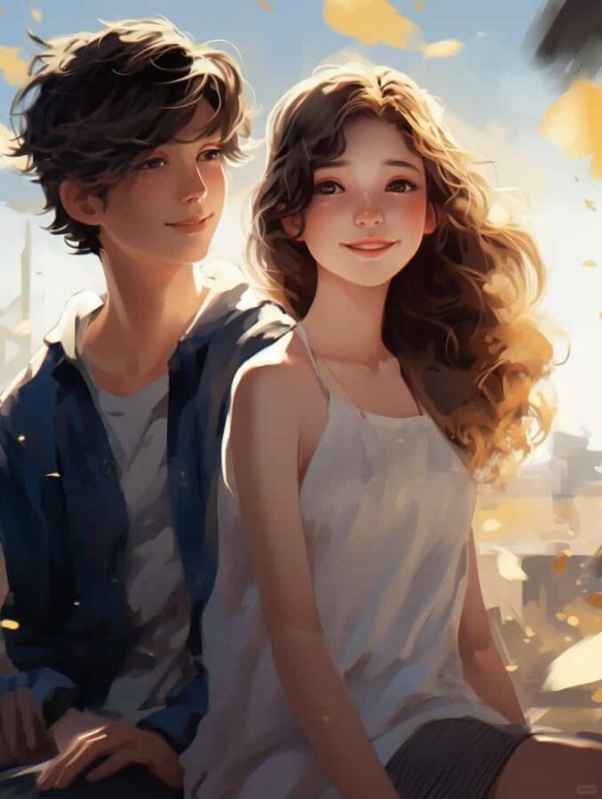 AI绘画油画风清纯校园情侣头像 蓝天白云男女生朋友散步不会撞的情头_5