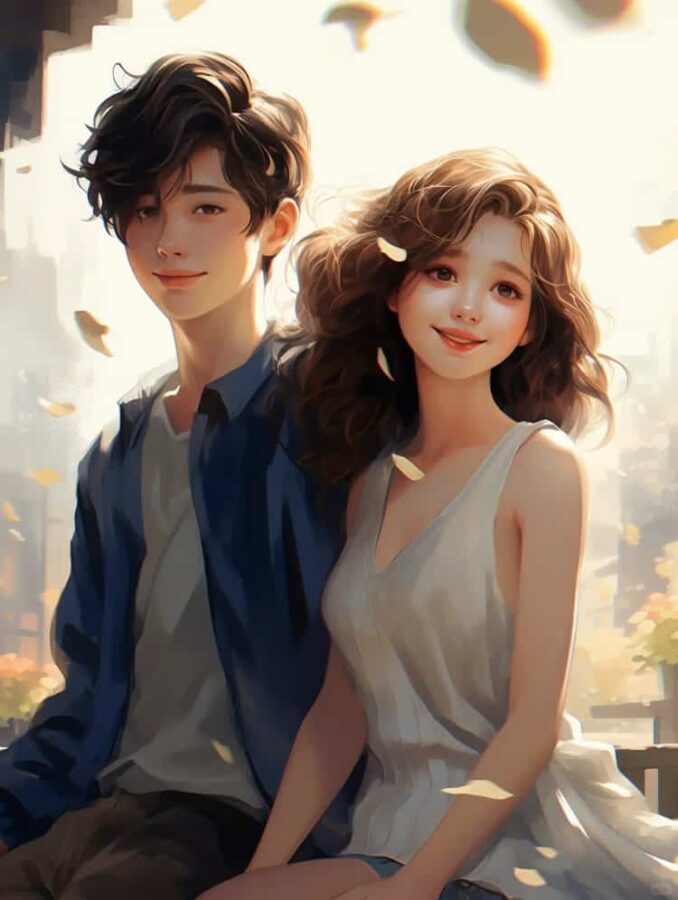 AI绘画油画风清纯校园情侣头像 蓝天白云男女生朋友散步不会撞的情头_6