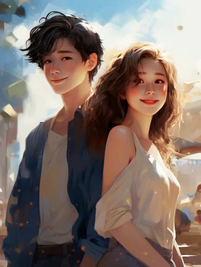 AI绘画油画风清纯校园情侣头像 蓝天白云男女生朋友散步不会撞的情头_7