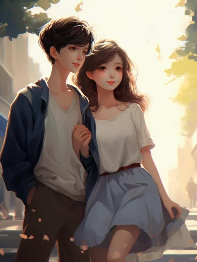 AI绘画油画风清纯校园情侣头像 蓝天白云男女生朋友散步不会撞的情头_9