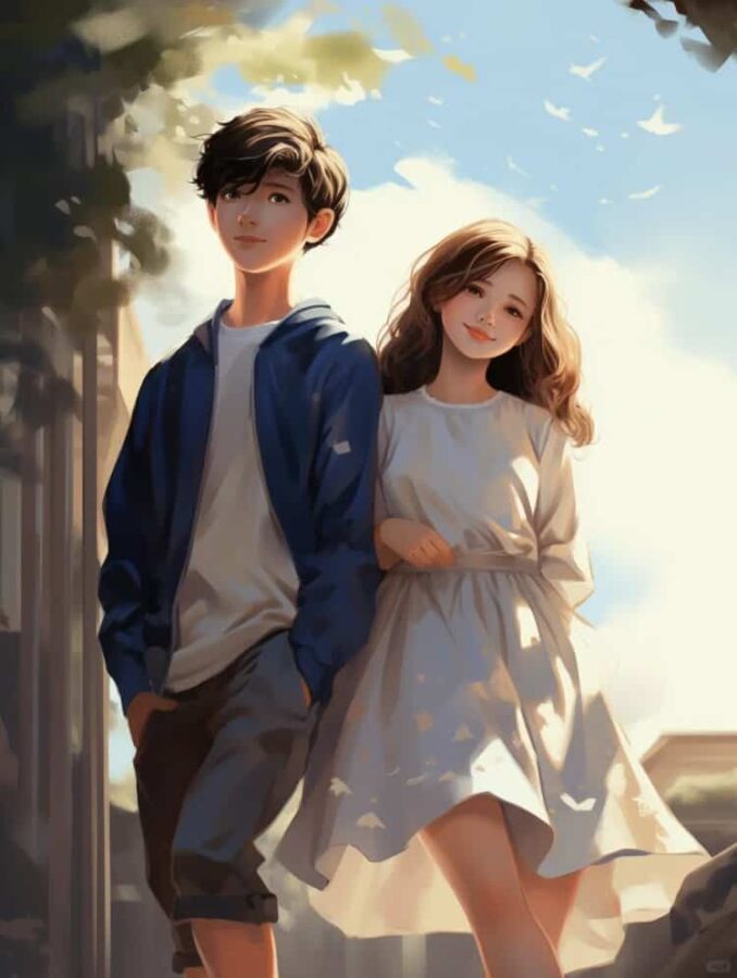 AI绘画油画风清纯校园情侣头像 蓝天白云男女生朋友散步不会撞的情头_10