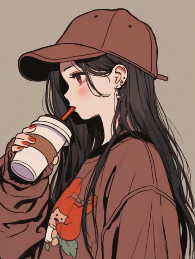 AI动漫温柔气质长发女孩手拿咖啡奶茶头像_14