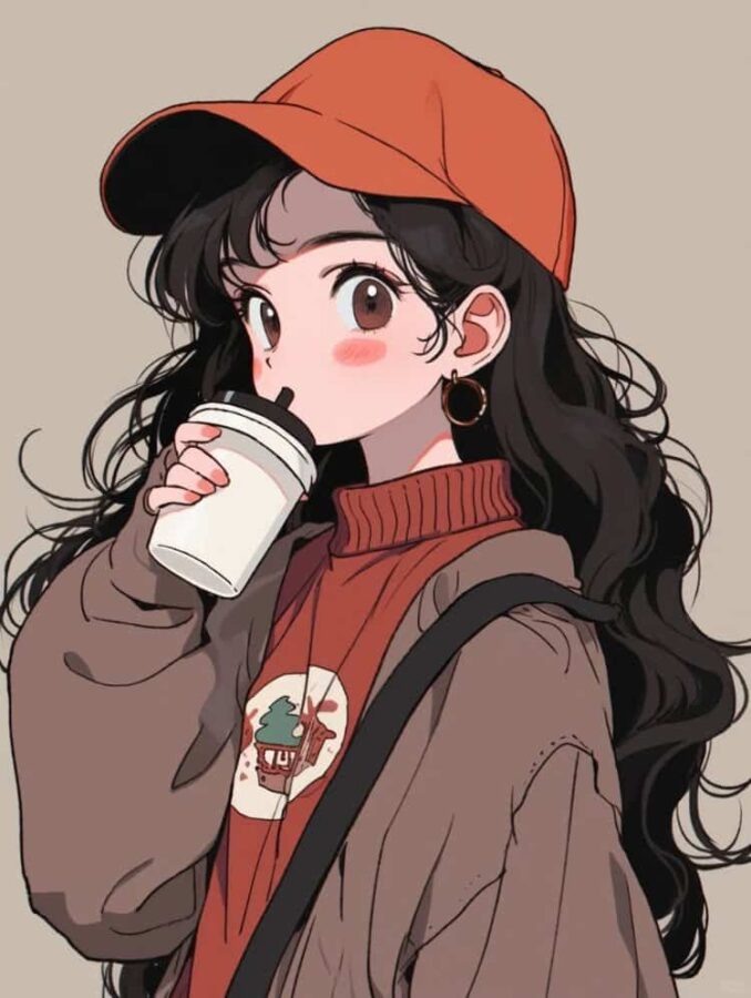 AI动漫温柔气质长发女孩手拿咖啡奶茶头像_15