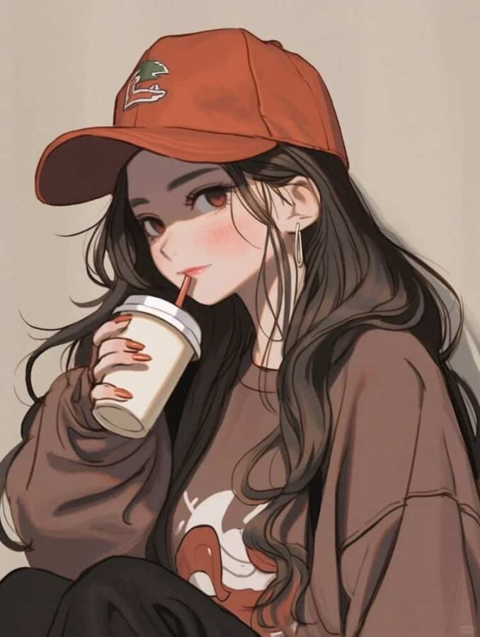 AI动漫温柔气质长发女孩手拿咖啡奶茶头像_16