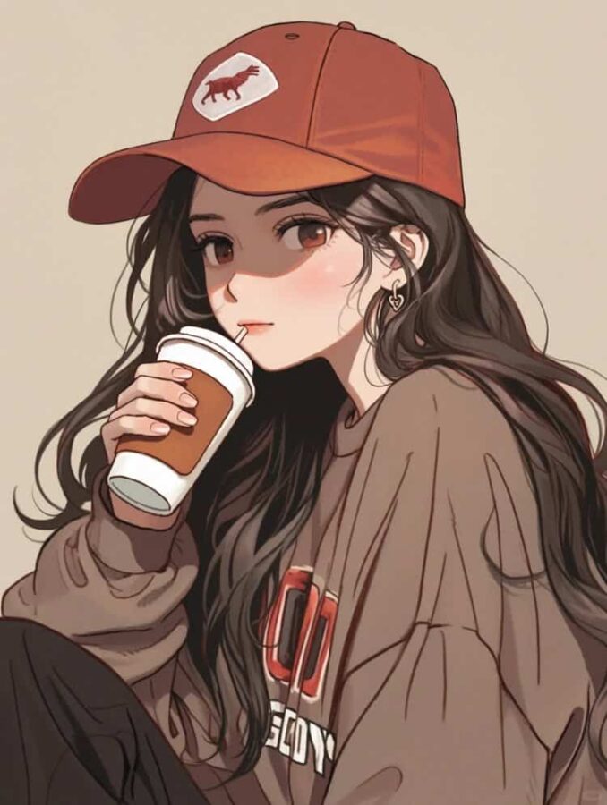 AI动漫温柔气质长发女孩手拿咖啡奶茶头像_17
