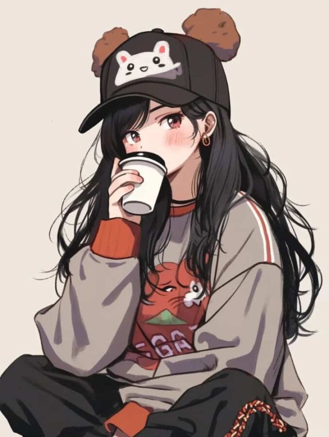 AI动漫温柔气质长发女孩手拿咖啡奶茶头像_18