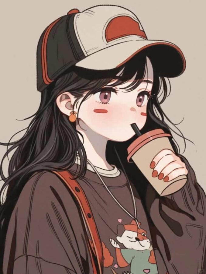 AI动漫温柔气质长发女孩手拿咖啡奶茶头像_19