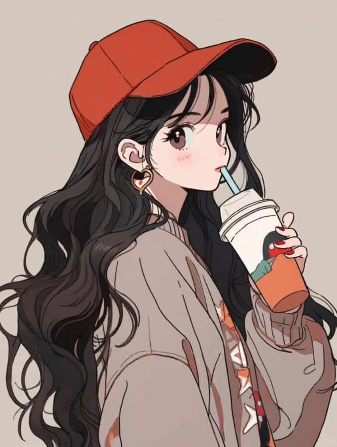AI动漫温柔气质长发女孩手拿咖啡奶茶头像_20