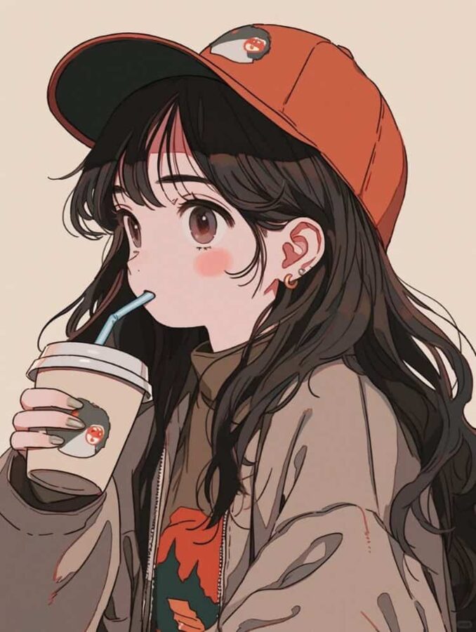 AI动漫温柔气质长发女孩手拿咖啡奶茶头像_21