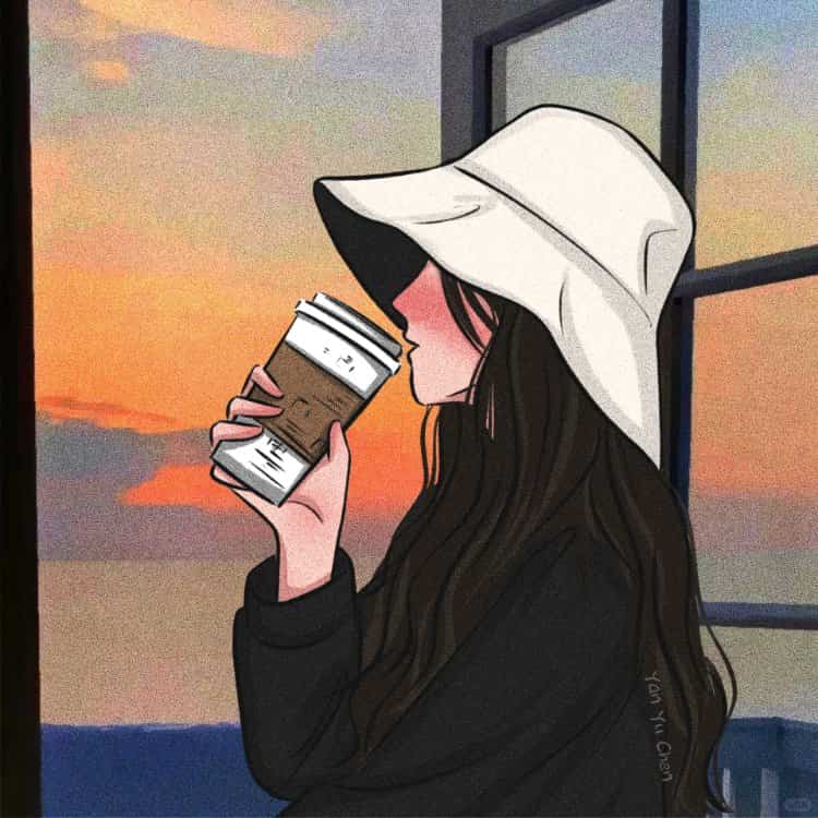AI动漫温柔气质长发女孩手拿咖啡奶茶头像_22