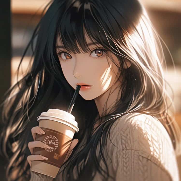 AI动漫温柔气质长发女孩手拿咖啡奶茶头像_1