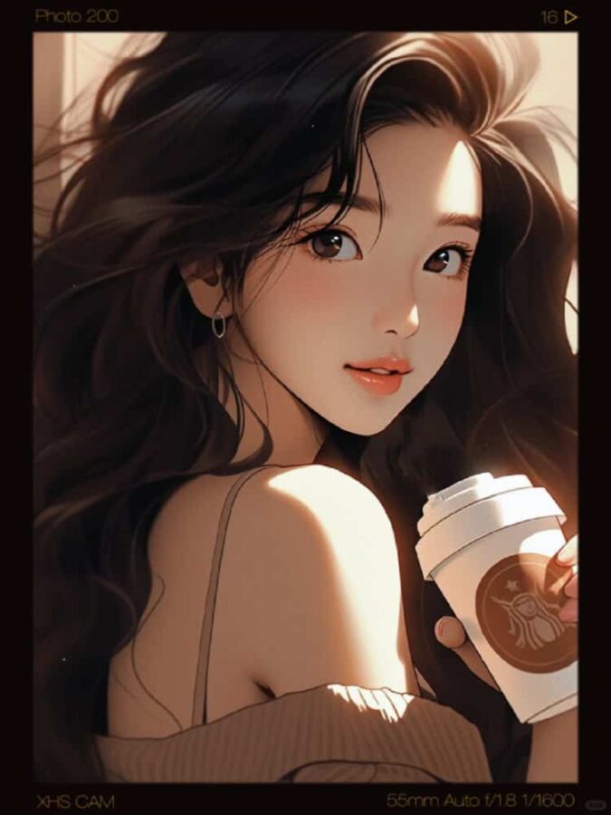 AI动漫温柔气质长发女孩手拿咖啡奶茶头像_2